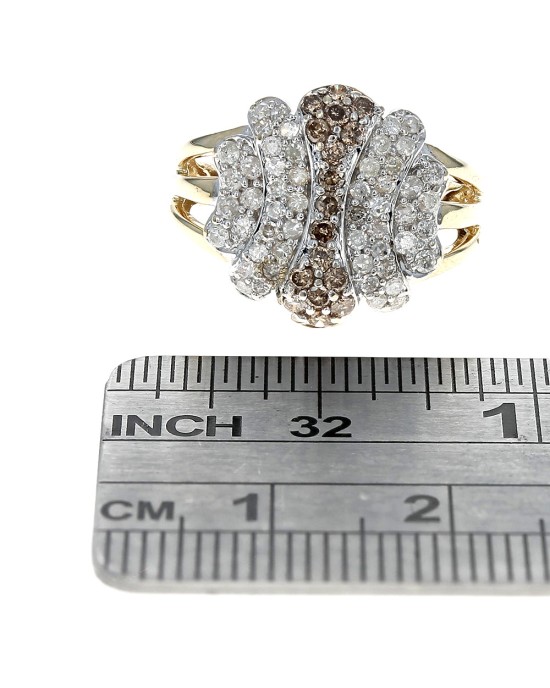5 Row Diamond Graduated Split Shank Ring in White and Yellow Gold
